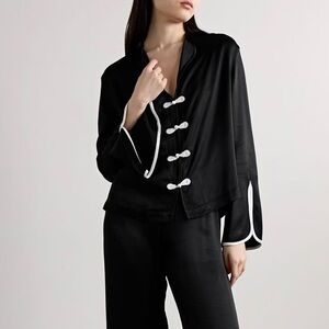 Sleeper Sz S Louis Pajama Top Black Lounge Frog Fastener Satin Piped Trim Shirt